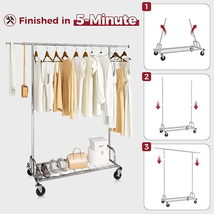 Commercial Collapsible & Portable Metal Garment Rack on Wheels, Heavy Duty Clothes Rack Load 480 LBS Rolling Clothes Racks for Hanging Clothes