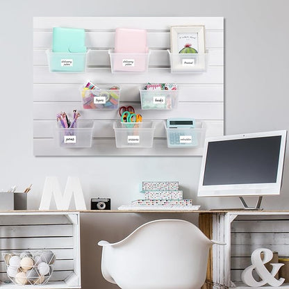 Mifoci 12 Pcs Storage Bins for PVC Slatwall Plastic Bin with Stickers Pens Slatwall Accessories for Organizing Hardware Craft Storage Tool Organizer Garage Craft Room Tool Shed(Clear)