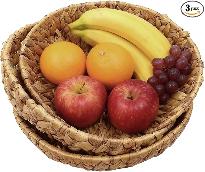 Set of 3 Round Wicker Baskets for Organizing, Water Hyacinth Storage Basket, Rattan Fruit Basket Handwoven Bread Basket for Serving Shelves Kitchen