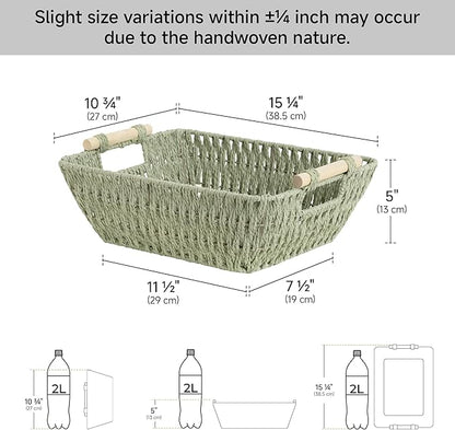 StorageWorks Large Wicker Storage Basket for Organizing with Wooden Handles, Toilet Paper Baskets for Shelf, Bosana Green, 2-Pack