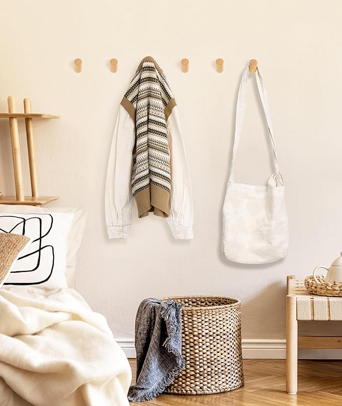 Wood Wall Hooks for Hanging, 6 Pack Hat Hook for Walls, Coat Hook Wall Mount, Backpack Hooks for Walls, Bathroom Towel Hanger (Natural)