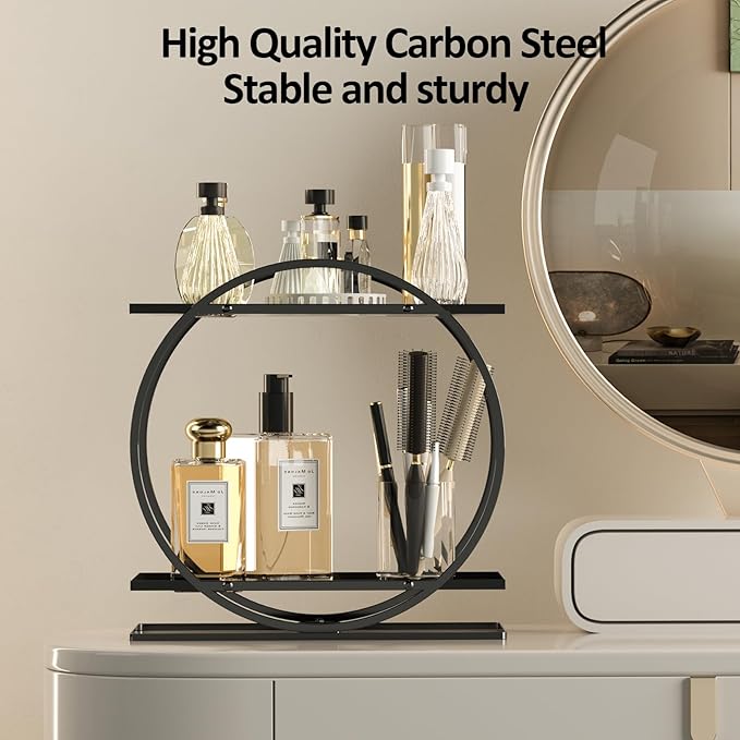 World-in-one 2 Tier Perfume Organizer for Dresser, Black Gold Perfume Makeup Perfume Stand Organizer for Vanity, Cosmetics Ideal Gift for Perfume Lovers-Black