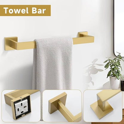 TNOMS Brushed Gold 10 Pieces Bathroom Hardware Accessories Set Towel Bar Set Towel Holder&Racks Set for Bathroom,SUS304 Stainless Steel,Wall Mounted 16-Inch