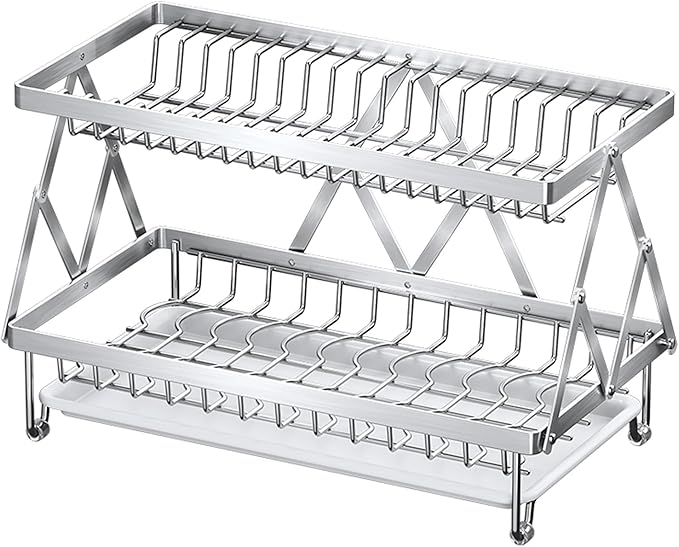 Fenqynsol Dish Drying Rack, 304 Stainless Steel Foldable 2 Tier with Hanging Rack for Kitchen Counter, Dish Rack for Dishes, Utensils, Knives and Cutting Board