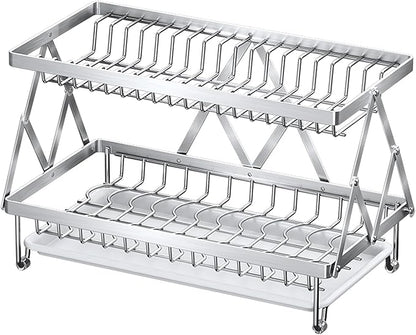 Fenqynsol Dish Drying Rack, 304 Stainless Steel Foldable 2 Tier with Hanging Rack for Kitchen Counter, Dish Rack for Dishes, Utensils, Knives and Cutting Board