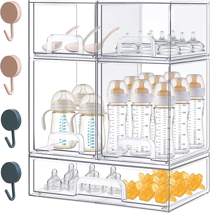 Baby Bottle Organizer-5 Pack Stackable Storage Drawers, Baby Organizers and Storage with Hooks, Clear Acrylic Multipurpose Bottle Storage for Countertop,Kitchen,Cabinet,Vanity,Bathroom