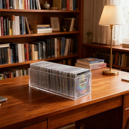 2 Pack DVD/CD Storage Box Acrylic Clear DVD Holder Case with Handles Stackable Storage Container Shelf Organizer Bin for CDs Video Games Cases Blu-Rays Books Booklets Countertop Cabinet Home Office
