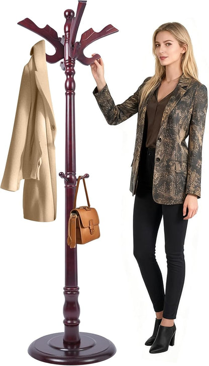 73" Wooden Coat Rack Freestanding, Coat Rack Stand With 18 Hooks And Round Solid Wood Base，Adjustable Height, Easy To Assemble For Entrance Hallway Office Living Room Bedroom (Flying Swallow)