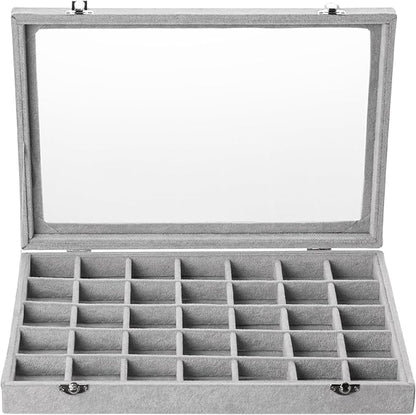 Frebeauty Velvet Jewelry Tray,35 Grid Jewelry Organizer with Clear Lid,Earring Holder Organizer Case with Clasp,Drawer Insert for Rings Studs,13.8 x 9.5 x 2 Inches,Gift for Women Girls(Grey)