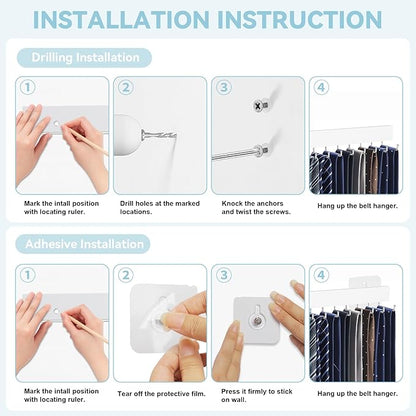 HOMEBROS Tie Rack Wall Mount, Adhesive Wooden Closet Tie Hanger with 24 Metal Hooks, Large Capacity, 2 Installation Options, White, 2 Pcs
