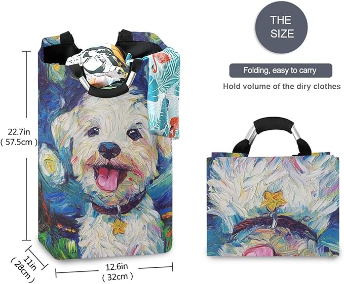Laundry Hamper Basket Dog Starry Night Blue Storage Basket Collapsible Clothes Hamper with Handle Decorative Organizer Bins Basket for Laundry Room Bedroom Clothes College