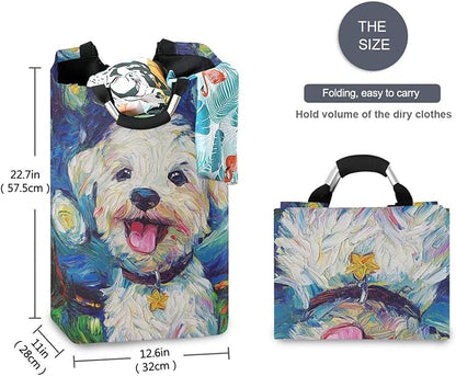 Laundry Hamper Basket Dog Starry Night Blue Storage Basket Collapsible Clothes Hamper with Handle Decorative Organizer Bins Basket for Laundry Room Bedroom Clothes College