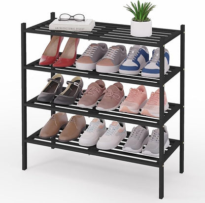 Smiry Bamboo Shoe Rack 4-Tier, Stackable Wooden Shoe Organizer for Entryway & Closet, Free Standing Wood Shoe Storage Shelf for Front Door & Small Spaces, Black