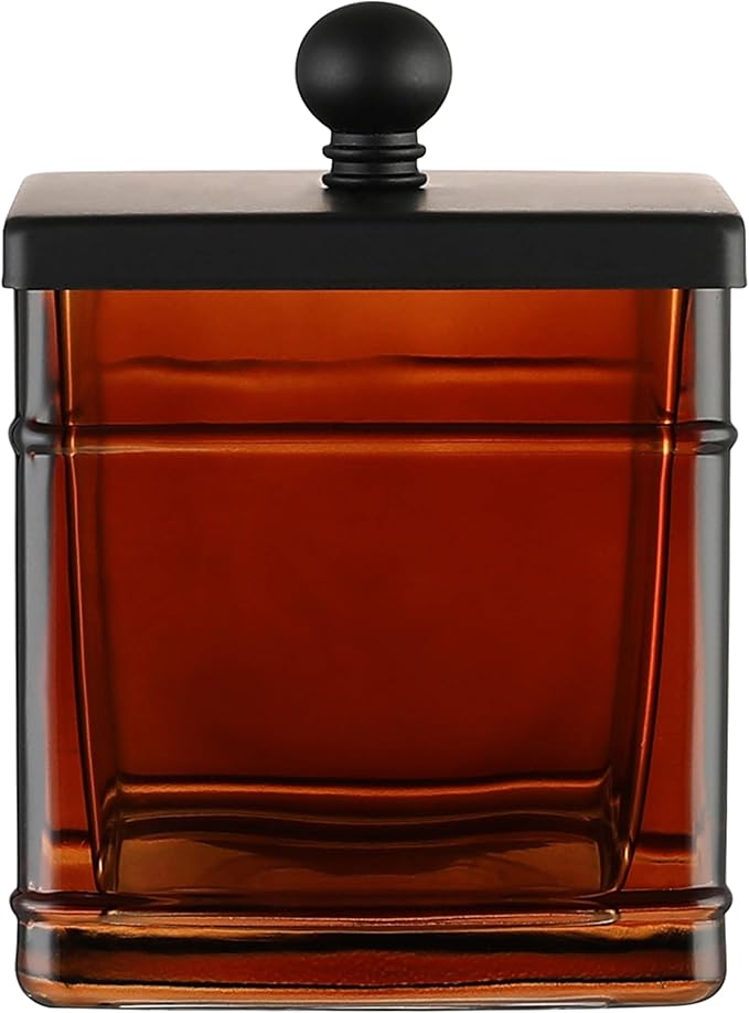 Indecor Home Amber Glass Cotton Jar Holder – Black Lid Elegant Bathroom Storage Canister for Qtips, Cotton Balls, Floss, Makeup Organizer, Vanity & Bathroom Organization