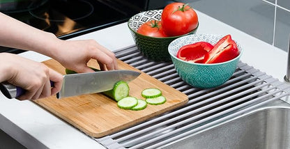 Surpahs 20.5 x 15.5 Inch Roll-Up Dish Drying Rack, Fits Sinks up to 19.5 Inch Wide, Heavy-Duty Premium Silicone, Strong Support, Non-Slip, Heat-Resistant, Warm Gray