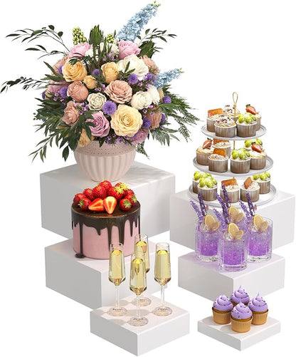 6PCS Buffet Risers, Food Risers for Buffet Table, Acrylic Boxes with Rounded Corners for Food, Display Stand for Party Catering Dessert Collectibles, Acrylic Cube Boxes, Food Stand Set, White (5"x6"x7"8"x9"x10")