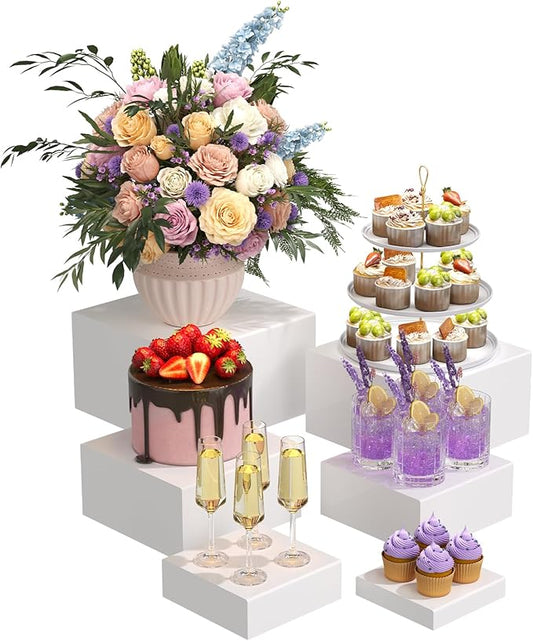 6PCS Buffet Risers, Food Risers for Buffet Table, Acrylic Boxes with Rounded Corners for Food, Display Stand for Party Catering Dessert Collectibles, Acrylic Cube Boxes, Food Stand Set, White (5"x6"x7"8"x9"x10")