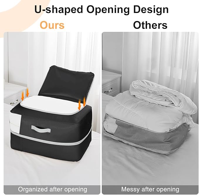 Easortm Comforter Storage Bag - 110L Large Capacity Blanket Storage Bags 2-Layer Ultra Space Saving Self Compression Organizer, Washable Compression Bags for Storage Comforter Blanket, 6-Pack, Black