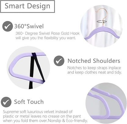 MIZGI Premium Velvet Hangers (50 Pack) Heavy Duty - Non Slip Felt Hangers - Velvet Suit Hanger Light Purple - Rose Gold Hooks,Space Saving Clothes Hanger