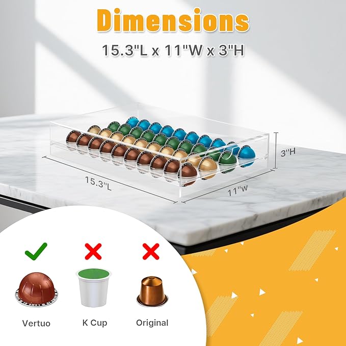 Coffee Pod Holder Compatible with Nespresso Pods Vertuo Holder, 40 Pods Capacity Acrylic Drawer Organizer, Suit for Home Office, Kitchen, Coffee Counter