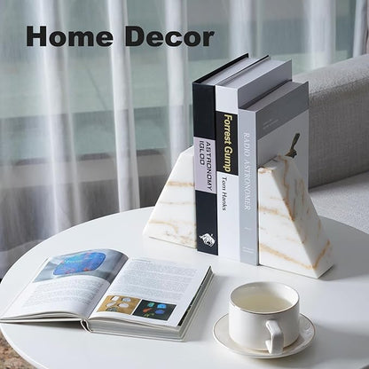 Marble Bookends for Heavy Books, Calacatta Decorative Book Ends for Shelves, Unique and Heavy Bookends for Hardback Book & Cookbooks, Stone Book Stopper, Modern Book Holder,Set of 2