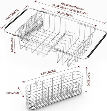 SwetLao Large Sink Dish Drying Rack, Expandable 304 Stainless Steel Metal Dish Drainer Rack Organizer Shelves with Stainless Steel Utensil Holder Over Inside Sink, Rustproof