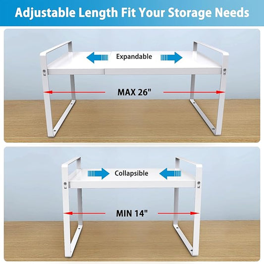 9'' Wide Expandable Cabinet Shelf Organizer Rack Adjustable Length 14''-26'' Pantry Shelf Spice Rack Heavy Duty Nonslip Kitchen Counter Storage Shelves Pantry Cupboard Under Sink Countertop, White