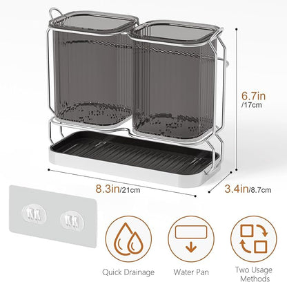 First-zgel Utensil Holder Counter, 6.7" Plastic Silverware Caddy, Utensil Holder for Party, 2 Cup Flatware Organizer for Kitchen Wall Mount, Forks Spoons Knives Storage with Drain Tray (Black)