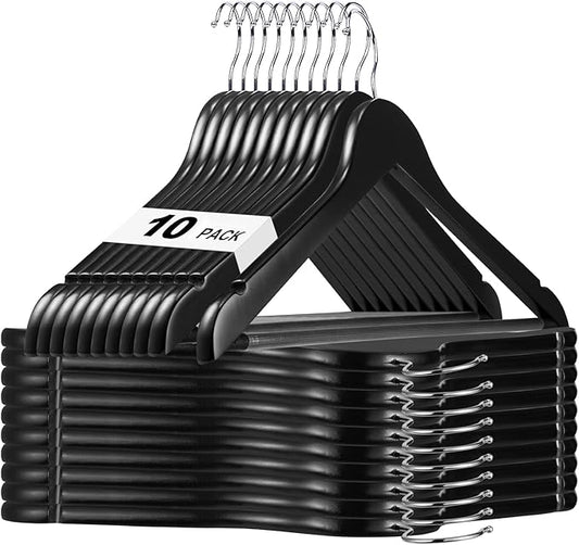 HOUSE DAY Black Wooden Hangers 10 Pack, Solid Wood Hanger with Non Slip Pant Bar, Heavy Duty Wooden Coat Hanger for Closet, Smooth Finish Wood Clothes Hangers for Shirts, Suits, Jackets, Dress