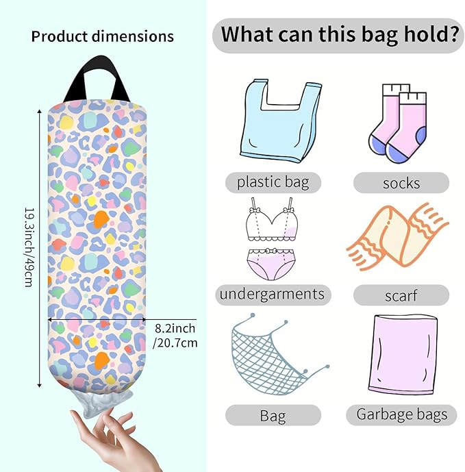 Plastic Bag Holder, Wall Mount Grocery Bag Organizer, Funny Hanging Trash Storage Dispenser for Home Kitchen Cute Colorful Leopard
