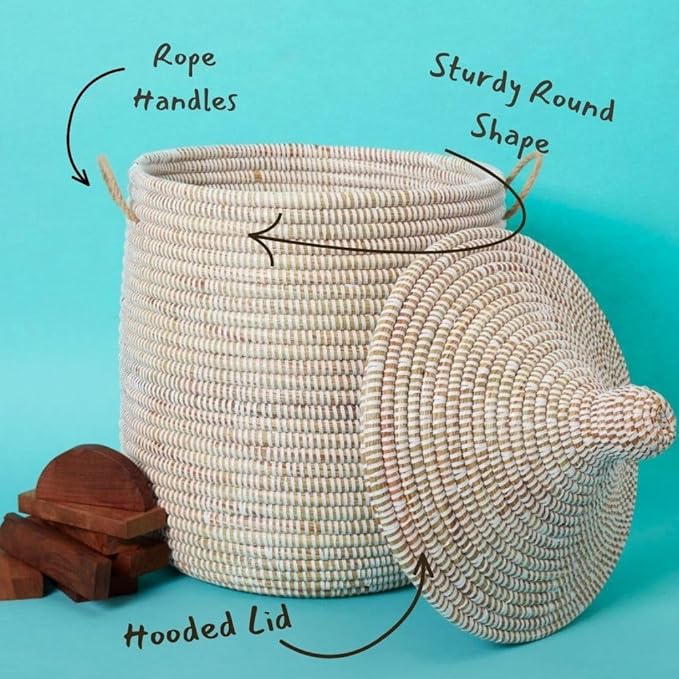 Small Storage Basket, Organizing, Storage, Wicker, Woven, With Lid, Handles, 12" Wide, 14" Tall (White)