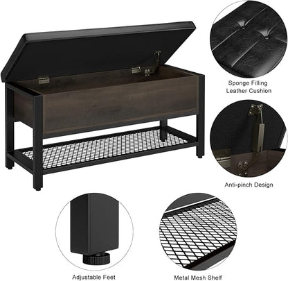 HOSTACK Storage Bench, Entryway Shoe Bench with Flip-Open Storage Box, End of Bed Ottoman Bench with Storage Shelf and Padded Seat for Bedroom, Hallway, Dark Brown