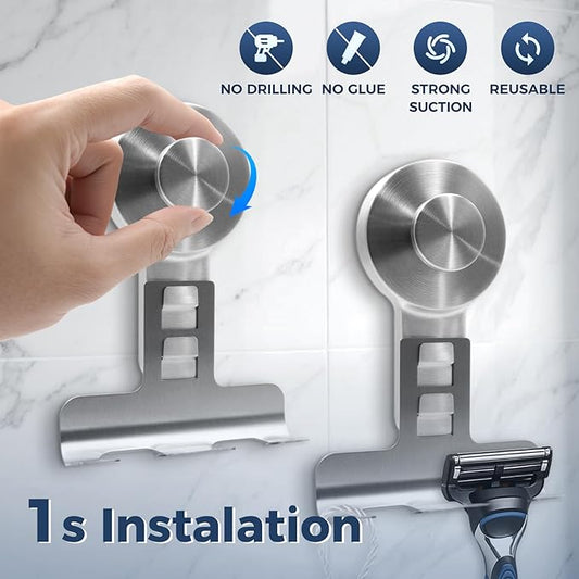WingWider Suction Cup Razor Holder for Shower Wall 2 Pack,Heavy-Duty 15lbs Suction Hooks for Razor,Towel,Phone,Loofah, Removable Damage-Free Metal Shower Hook,Shaver Holder(Silver)