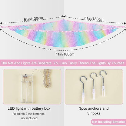 Unicorn Castle Stuffed Animals Net or Hammock Kids Toy Storage Organizer with LED Light Hanging Corner Stuffed Animals Holder Kids Girls Room Decor,Rainbow-A,Large (Pack of 1)