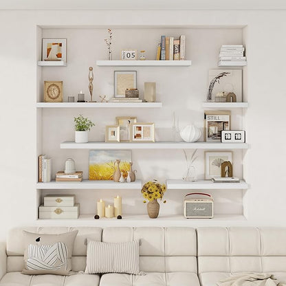 Fun Memories 12 Inch Deep Floating Shelves, 16 x 12 Wooden Wall Shelves, Extra Deeper & Thicker Rustic Wall Mounted Storage Shelf for Fireplace, Living Room, Kitchen, Farmhouse, White - 3Pack