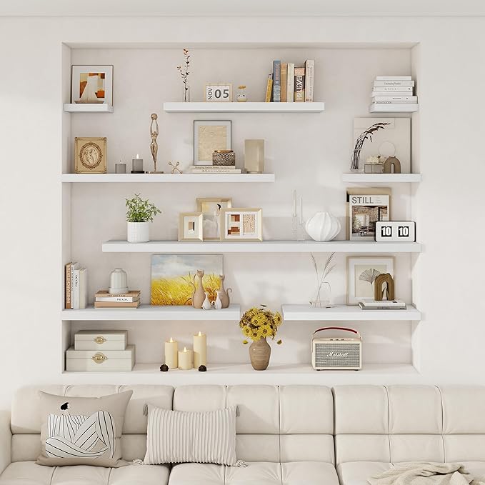 Fun Memories Square Floating Shelves for Wall, 9.3" W x 9.3" D x 1.4" H, Shelves for Wall with Invisible Brackets, Small Wood Storage Shelves for Kitchen, Living Room, Bedroom, Set of 3 (White)