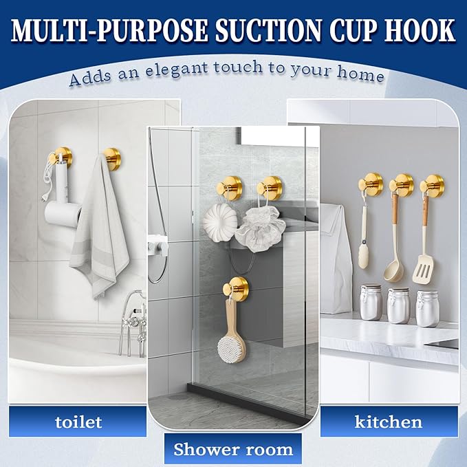 warlve Suction Cup Hooks No Drill Stainless Steel Shower Hooks Towel Hook Heavy Duty on Smooth and Non-Porous Surfaces in Bathrooms Kitchen Bedroom (2, Brushed Gold)