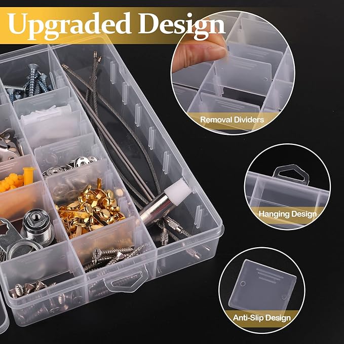 3 Pack 24 Grids Clear Plastic Storage Container With Adjustable Divider, Craft and Bead Organizer Box for DIY Jewelry Tackles With 2 Sheets Label Stickers