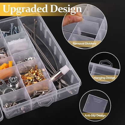 3 Pack 24 Grids Clear Plastic Storage Container With Adjustable Divider, Craft and Bead Organizer Box for DIY Jewelry Tackles With 2 Sheets Label Stickers