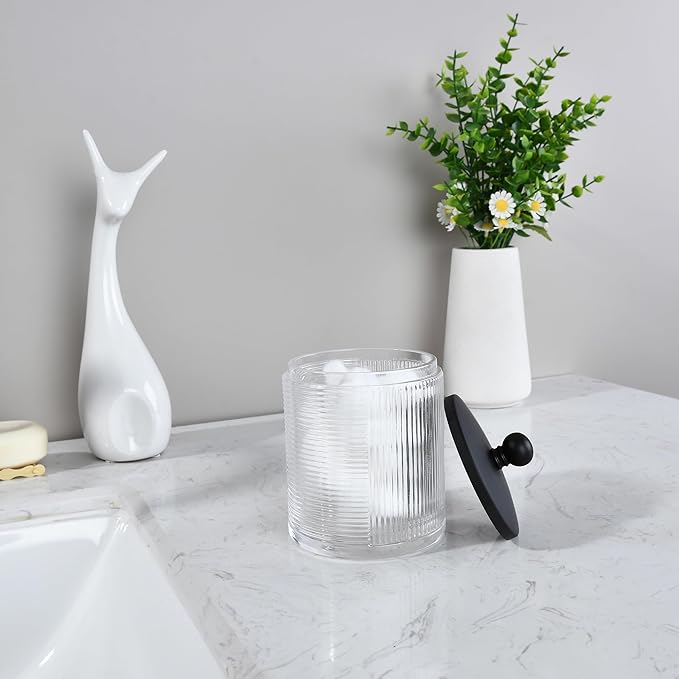 Indecor Home Clear Transparent Apothecary Ribbed Geometric Etched Glass Jar W/Matte Black Metal Lid Cover for Bathroom Organization, Cotton Balls, Q Tips, and Small Accessories, Bathroom Storage