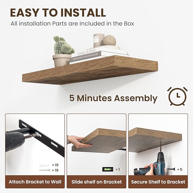 36 Inch Floating Shelves, 12 Inch Deep Floating Shelves for Wall, Floating Shelf with Invisible Brackets, Deep Shelves for Bathroom, Bedroom, Living Room, 2 Pack, Brown