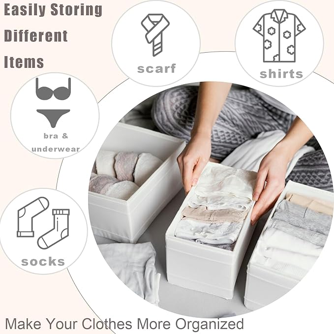 Mooisco 8 Pack Drawer Organizer Clothes, Fabric Closet Organizers and Storage, Foldable Cloth Storage Bins for Underwear Socks, Bra, Ties, Scarf, Belt, Hair Accessories, White