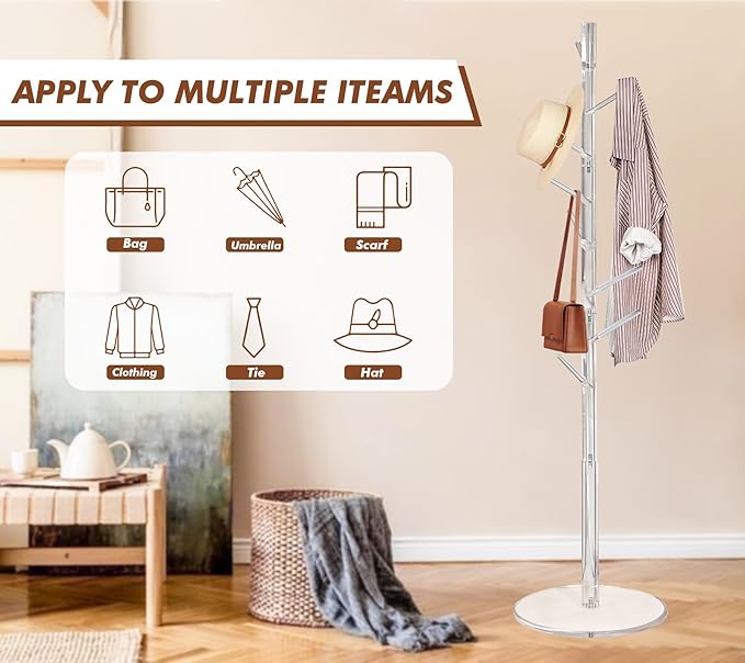 KOLUTI Acrylic Coat Rack Stand, with 8 Hooks 3 Section Adjustable Height, Hats Bags Jacket Clothes Scarves Hanger Organizer Tree Shaped Shelf Umbrella Holder, for Bedroom Entryway Living Room Office