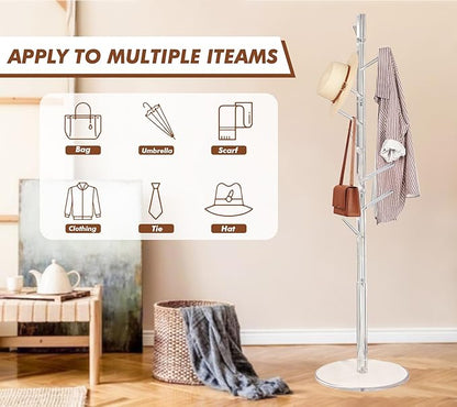 KOLUTI Acrylic Coat Rack Stand, with 8 Hooks 3 Section Adjustable Height, Hats Bags Jacket Clothes Scarves Hanger Organizer Tree Shaped Shelf Umbrella Holder, for Bedroom Entryway Living Room Office