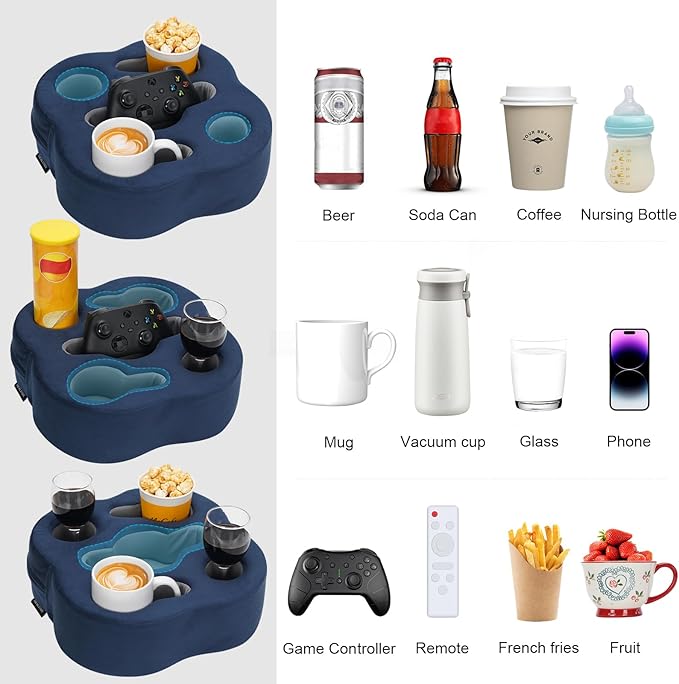 Couch Cup Holder Pillow, Sofa Organizer Caddy Bed Refreshment Tray for Drinks, Remotes, Phones, Snacks (Navy)