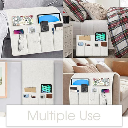 Joywell Remote Holder for Recliner Armchair Caddy Couch Armrest Remote Control Holder Non Slip Sofa Arm Chair Caddie with 6 Pocket for Magazine, Tablet, Phone, iPad, Think Linen, Natural