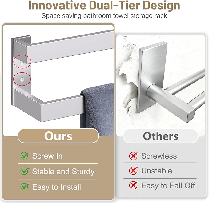 TNOMS Double Towel Bar,Towel Rack for Bathroom Stainless Steel Wall-Mounted Bathroom Hardware Accessories Brushed Nickel 24 Inch