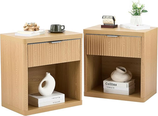 Lab Cosi Nightstands Set of 2, Night Stands with Drawer Storage, Fluted Bedside Table,Modern Night Stands with Handle,Larger Modern Bedside End Table for Bedroom Living Room Sofa Office
