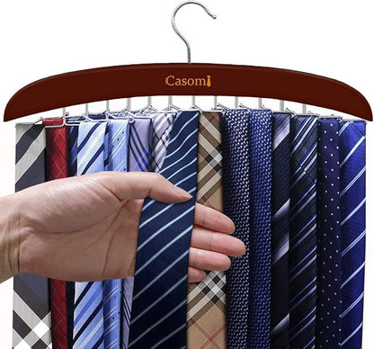 Tie Rack,24 Hook Tie Holder,360° Rotating,Foldable Metal Hooks,Tie Hanger Organizer for Closet Wooden Belt Storage Rack for Men Ties Belts Scarves Accessories(Red Brown)