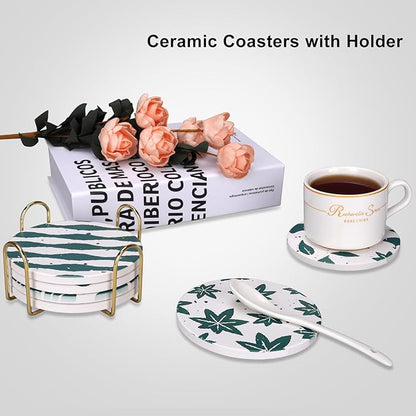 Absorbent Coasters Set of 6 Round Ceramic Coasters for Drinks Modern Green Boho Coasters with Holder Cute Coffee Table Decor Coaster Outdoor Stone Cup Coasters Funky Cool Coasters Desk Coasters